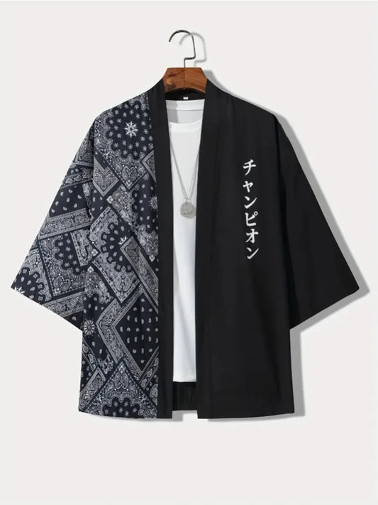 Men's Casual Kimono Style Japanese Letter Print Loose Fit Open Front Shirt