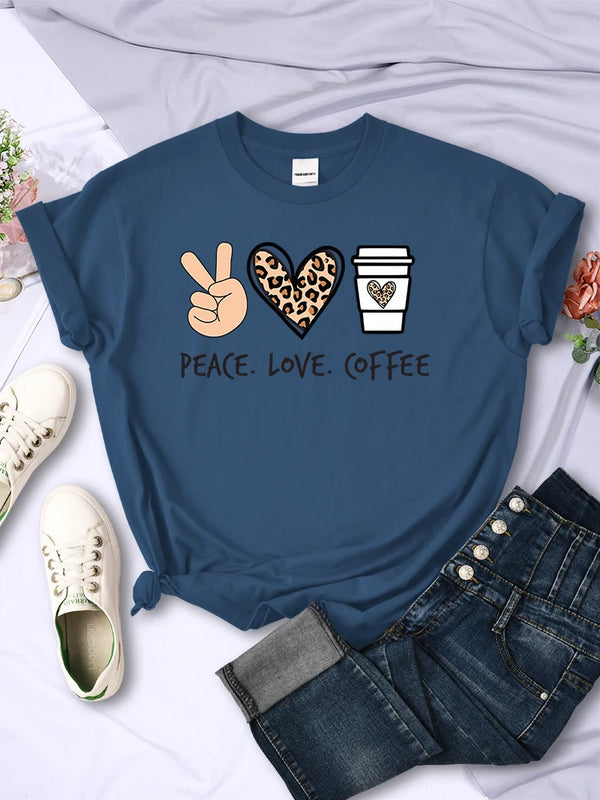 Womens Peace Love Coffee Graphic Tee Cotton O Neck Street Style Shirt