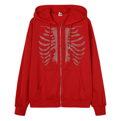 Jackets Women Y2K Zip Up Skeleton Hoodie Streetwear