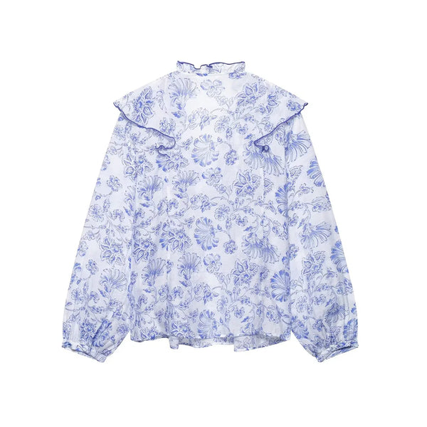 Blue White Floral Blouse Women Ruffled Long Sleeve Elegant Top