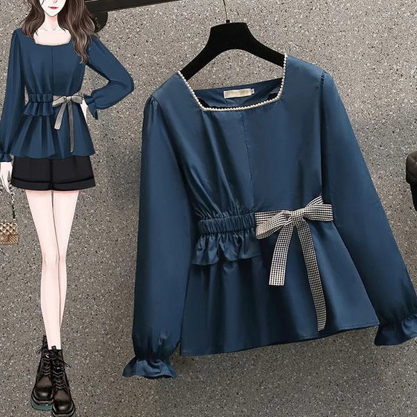 Spring Fashion Square Neck Waist Slim Shirt Women's Unique Bow
