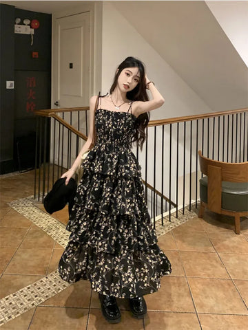 Y2k Korean Style One Piece Floral Dress Women Vintage Elegant Layered High