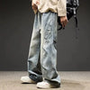 Mens Pleated Patchwork Jeans Parachute Style Oversized Retro Straight