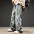 Mens Pleated Patchwork Jeans Parachute Style Oversized Retro Straight