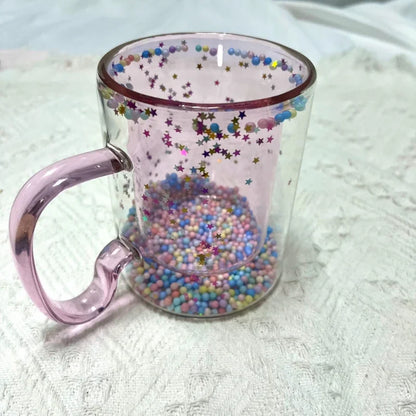 Bubble Starry Sky Cup Sequin Double Layer with Handle High Temperature Resistant Glass