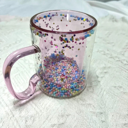 Bubble Starry Sky Cup Sequin Double Layer with Handle High Temperature Resistant Glass