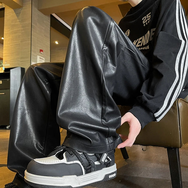 Men Windproof Leather Pants Baggy Wide Leg Trousers