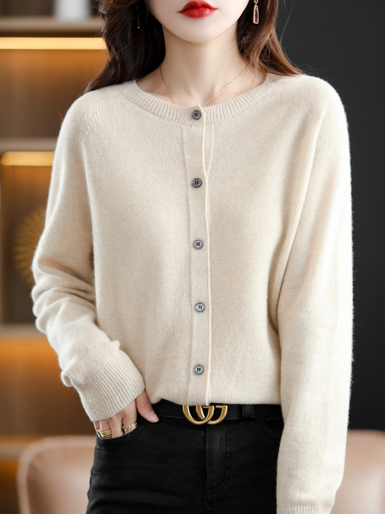 Autumn Cardigan Wool Natural Fiber Round Neck Raglan Sleeves Fashion Sweater Seamless One Line - xinnzy