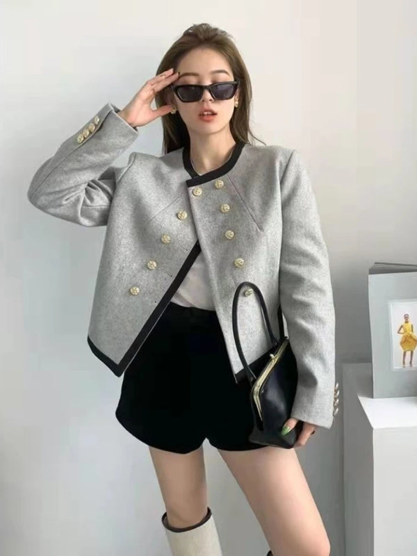 Gray Asymmetric Blazer Women Wool Blend Short Jacket Spring 2025