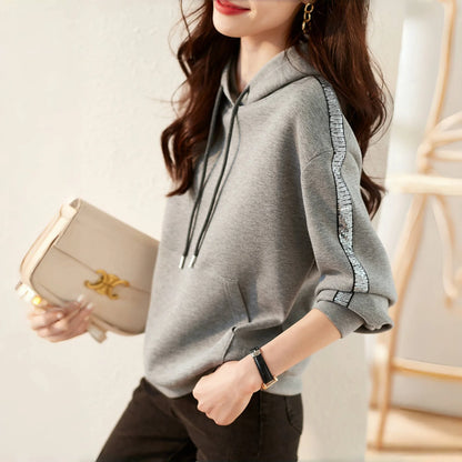 Womens Sequin Hooded Sweatshirt Cotton Blend Pullover Casual Style