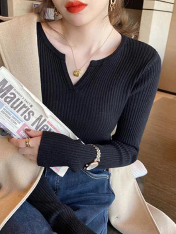 V Neck Sweater Women Knit Pullover Fall Winter Solid Color Top