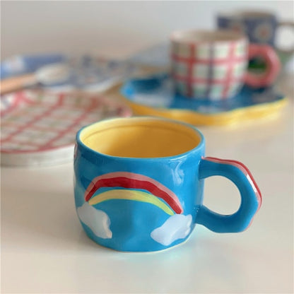 Tasse, Kaffeetasse, Keramikteller, Regenbogenwolken, karierter Frühstücksteller