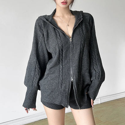 Knit Zip Up Hooded Cardigan Women Korean Style