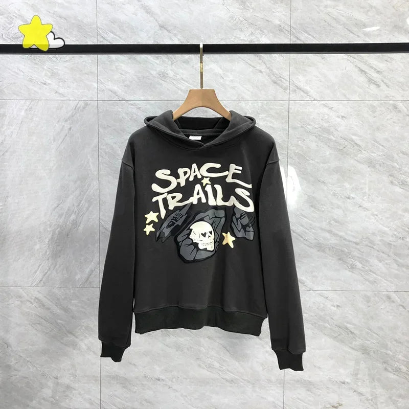 Men's Casual Foam Letters Graphic Hoodie High Quality Cotton Black Pullover