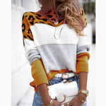 Sweater Color Leopard Print Knit Long Sleeve Top Vintage Streetwear Oversized Pullover - xinnzy