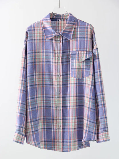 Vintage Oversized Plaid Shirt Women Casual Blouse