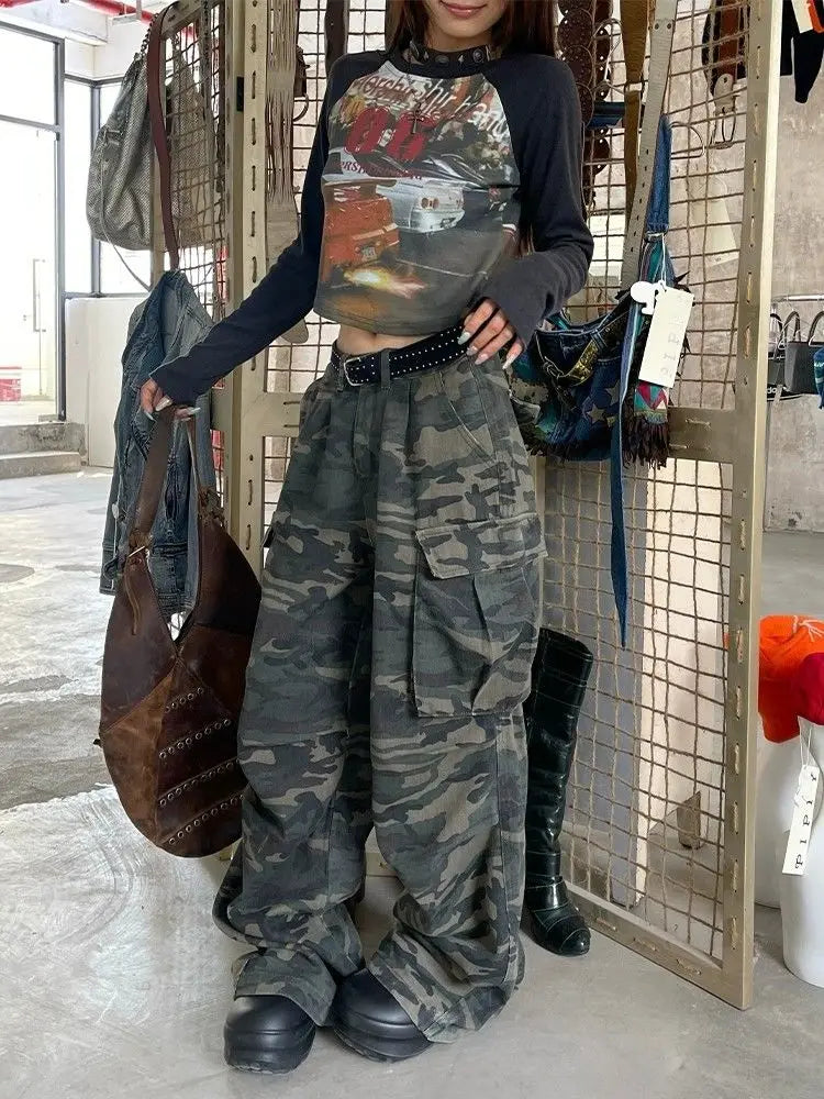 Y2K Camouflage Wide Leg Jeans with Pockets for Women