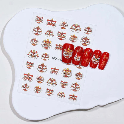 New Year 2025 Nail Stickers 5D Reliefs Cute Good Luck Lion