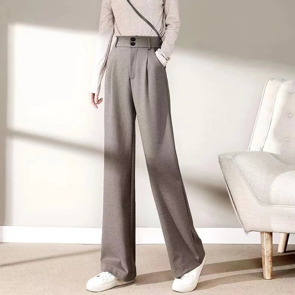 Womens Wool Pants High Waist Straight Leg Thickened Winter Trousers