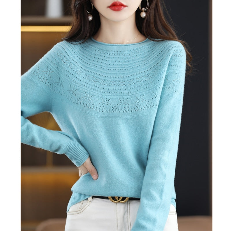 Autumn Winter New Seamless One-Line Pullover WooL Round S Neck UpperBody Hollow - xinnzy