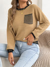 Womens Color Block Stripe Sweater Puff Sleeve Pocket Fall Winter