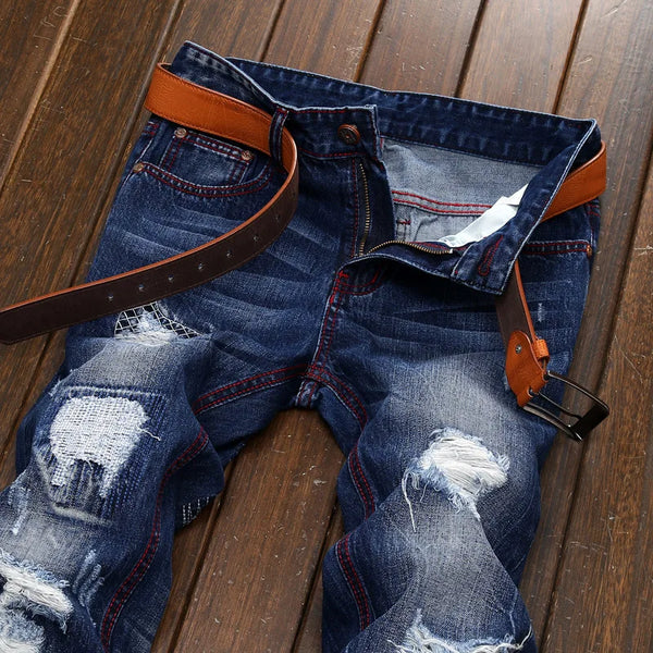 High Quality Ripped Motorcycle Jeans Men Plus Size Straight Denim