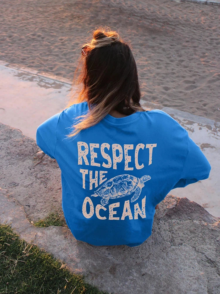 Womens Respect The Ocean Turtle Tee Casual Short Sleeve