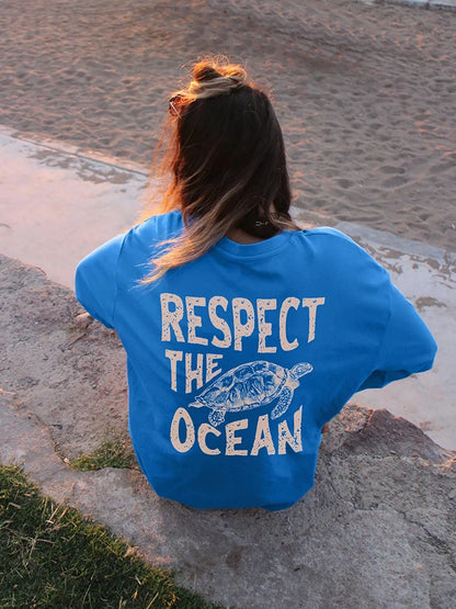 Womens Respect The Ocean Turtle Tee Casual Short Sleeve