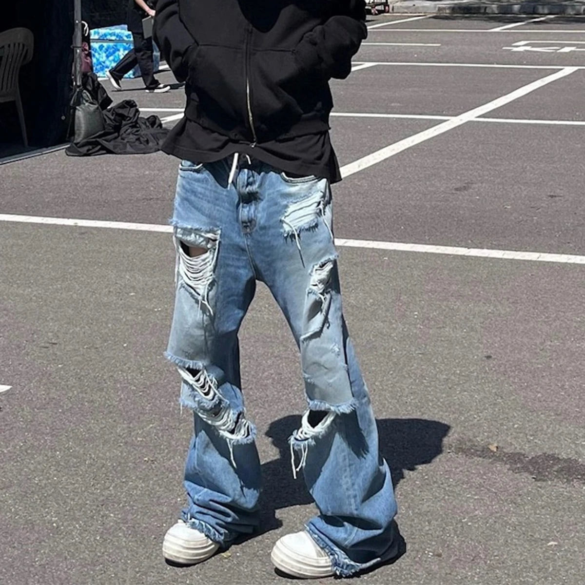 Distressed Vintage Ripped Flare Jeans Baggy Denim Pants