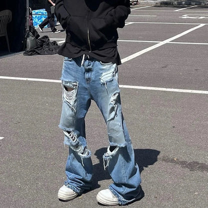 Distressed Vintage Ripped Flare Jeans Baggy Denim Pants