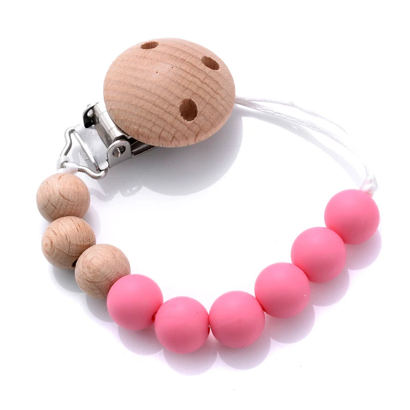 Wooden Pacifier Clip Silicone Beads Baby Teether Toy