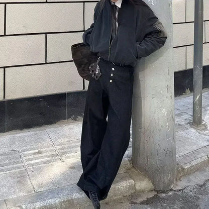 Mens Retro Curved Leg Jeans Wide Fit Black Denim Pants Streetwear