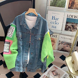 Trendy Chic Women's Pink Knitted Stitching Denim Jacket Korean Version for Autumn and Winter