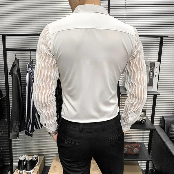 Mens Lace Hollow Shirt Long Sleeve Party Nightclub Stage Wear