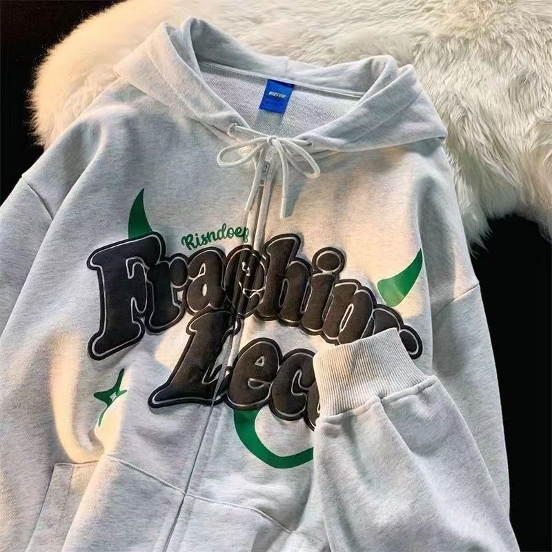 Personalized Letter Print Hoodies: Zip Up Cardigan for Women's Streetwear Loose Couple Winter Clothes