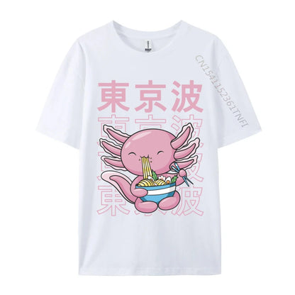 Kawaii Axolotl Eating Ramen Noodles T Shirt Autumn Hip hop