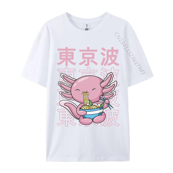 Kawaii Axolotl Eating Ramen Noodles T Shirt Autumn Hip hop