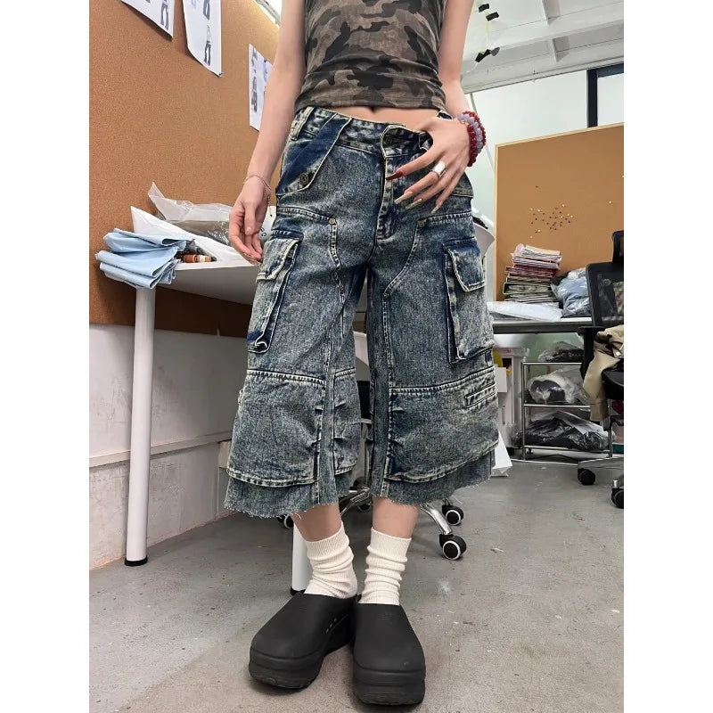 American Retro Oversized Workwear Cropped Pants Women Wide Leg Jeans