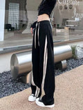 Striped Lace-up Black Sweatpants Outfit Streetwear Wide-leg Pants For Women