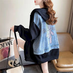 Diamond Patchwork Denim Hoodie Jacket Y2k Thin Zip-up Spring Fall