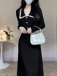 French Knitted Dress Slim A-line Lapel Casual