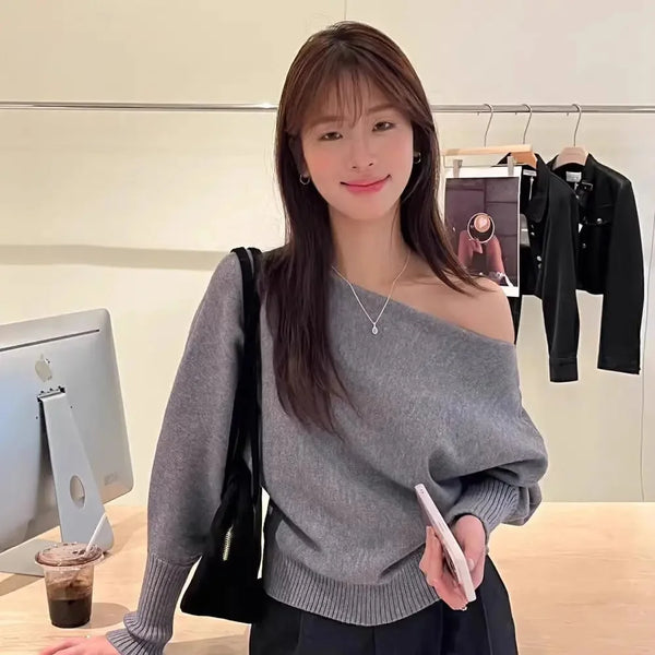 Womens One Shoulder Knit Sweater Lantern Sleeve Oversized Fit Top