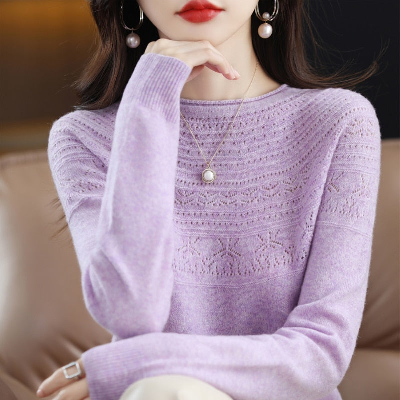 Autumn Winter New Seamless One-Line Pullover WooL Round S Neck UpperBody Hollow - xinnzy