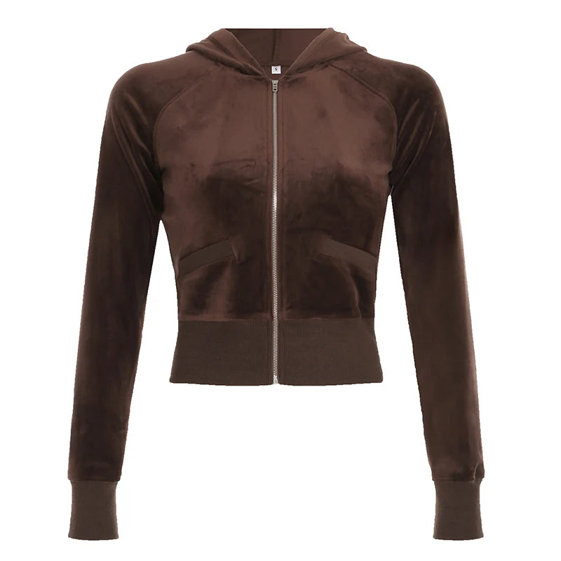 Casual Brown Zip-Up Cropped Hoodie