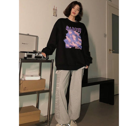 Women Clothing Vintage Rabbit Letter Printing Long Sleeves Casual Oversize