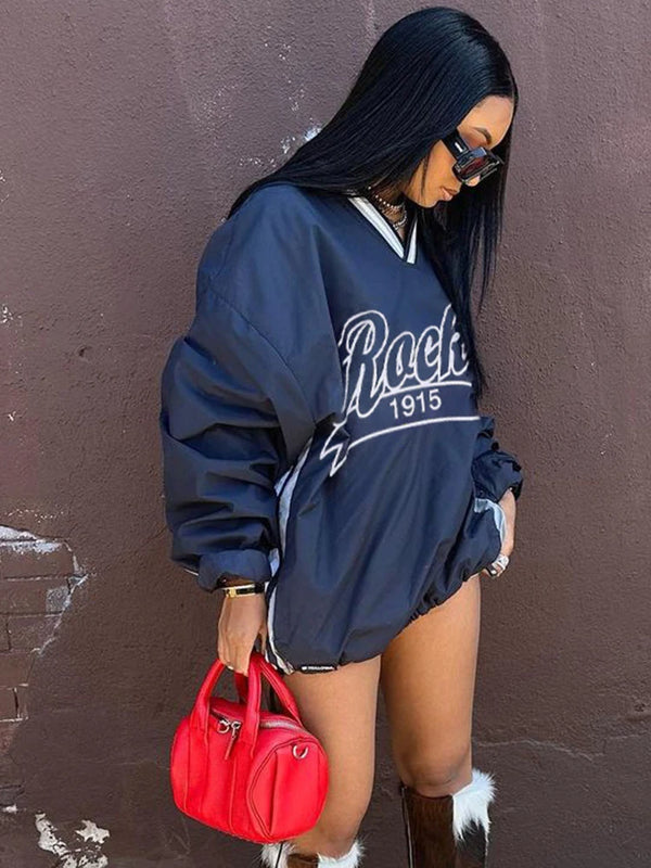 Edgy Letter Print V-Neck Pullover – Women’s Streetwear Tee