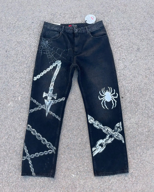 Chain and Spider Graphic Hip-Hop Jeans American Men
