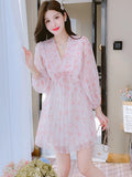 2024 Spring Pink Floral Chiffon Mini Dress Elegant Bodycon Party