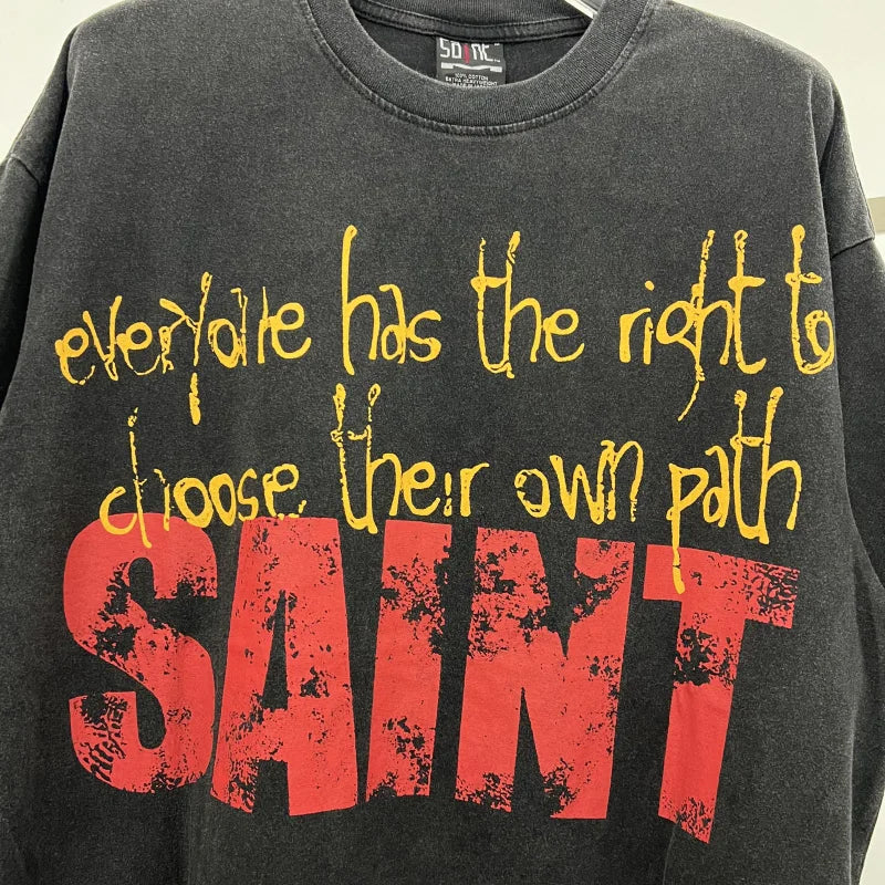 Oversized Saint T-Shirt Men Women Vintage Letter Print Streetwear