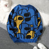Mens Dog Print Sweater Crew Neck Double Sided Knit Pullover Casual